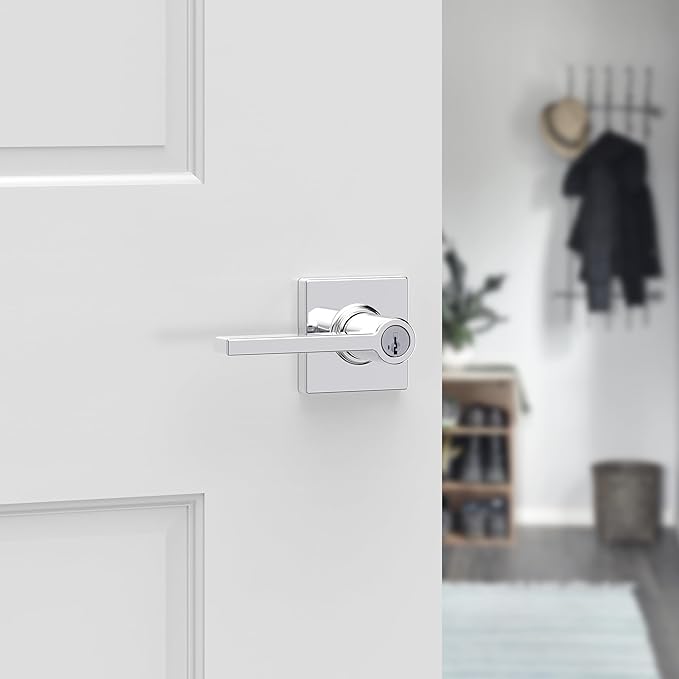 Kwikset Casey Entry Door Handle with Lock and Key, Secure Keyed Reversible Lever Exterior, for Front Entrance and Bedrooms, Polished Chrome, 4 Pack, Pick Resistant SmartKey Rekey Security