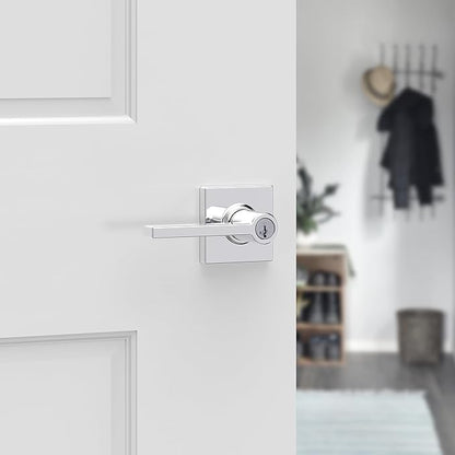 Kwikset Casey Entry Door Handle with Lock and Key, Secure Keyed Reversible Lever Exterior, for Front Entrance and Bedrooms, Polished Chrome, 4 Pack, Pick Resistant SmartKey Rekey Security