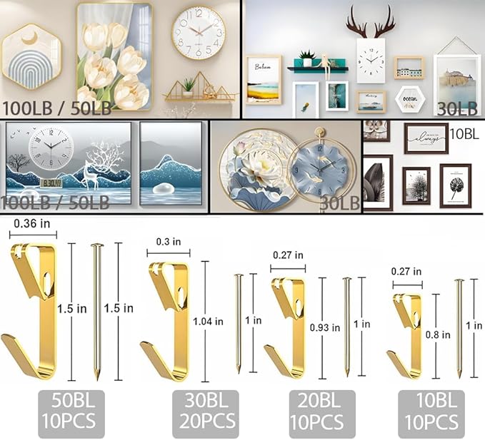 100pcs Picture Hanging Kit,4 Size Picture Hangers Including 10/20/30/50lbs,Picture Frame Hooks with Nails,Hanging Nails for Wall Art for Wooden Wall Or Drywall (50Hangers+50Nails)