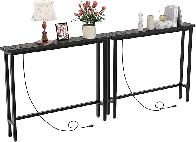 VINGLI 79" Console Table with Charging Station, 5.9" Narrow Sofa Table Set of 2, Entryway Table with Power Outlet & 4.9 Ft Extension Cord & Adjustable Feet, for Living Room, Hallway, Black