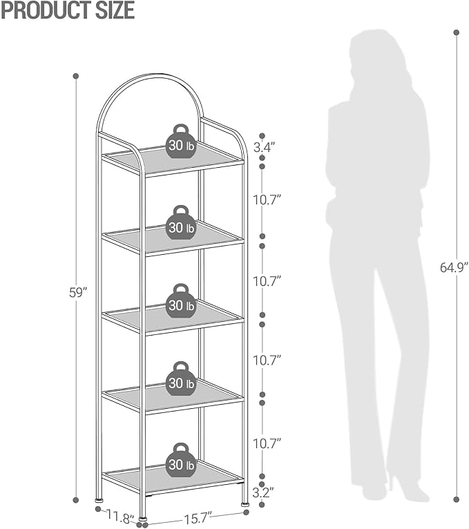 Bookcase Bookshelf, Tempered Glass Bookshelves, Slim Shelving Unit for Bedroom, Bathroom, Home Office, Steel Frame, 5 Tier White BC05099W