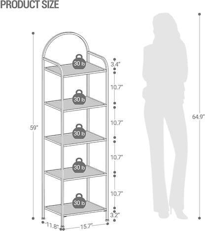 Bookcase Bookshelf, Tempered Glass Bookshelves, Slim Shelving Unit for Bedroom, Bathroom, Home Office, Steel Frame, 5 Tier White BC05099W