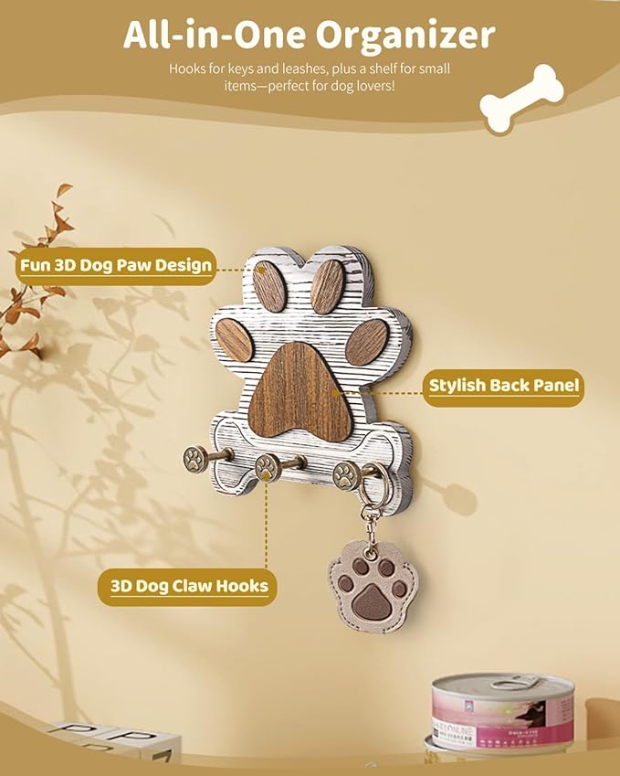 MTERSE Pine Wood Decorative Key Holder Wall Mount – Cute Dog Paw Key Hooks for Wall, Dog Leash Holder for Home Decor – Farmhouse Coat Rack for Entryway, Bedroom & Home Office (White)