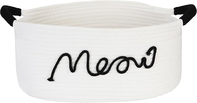 Sea Team Cat Toy Storage Basket with Handles, 16.5 x 11 x 7 Inches, 4.4 Gallons Large Cotton Rope Storage Bin, Shelf Basket, Organizer for Pet Chew Toys, Foods, White Meow