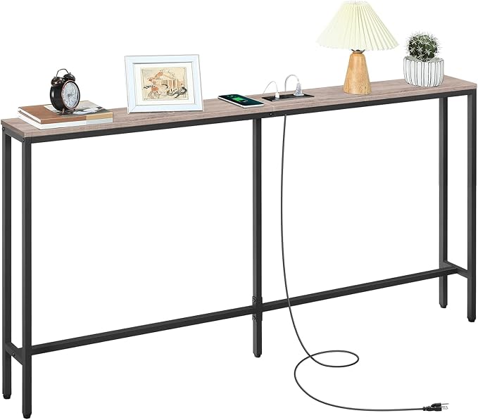 Skinny Console Table with Power Outlets, 63" Narrow Sofa Table, Behind Couch Table with Charging Station, Sofa Hallway Table for Plants, Living Room CTHG165E01