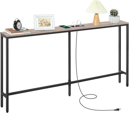 Skinny Console Table with Power Outlets, 63" Narrow Sofa Table, Behind Couch Table with Charging Station, Sofa Hallway Table for Plants, Living Room CTHG165E01