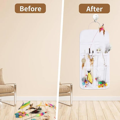 Cat Wand Toy Storage Hanging Bag,High Capacity Cat Wand Toy Storage Bag, Indoor Cat Toy Storage Organizer,Lightweight Pet Toy Storage Bag for Neatly Organizing Teaser Wand Toys,Keep Home Tidy(White)