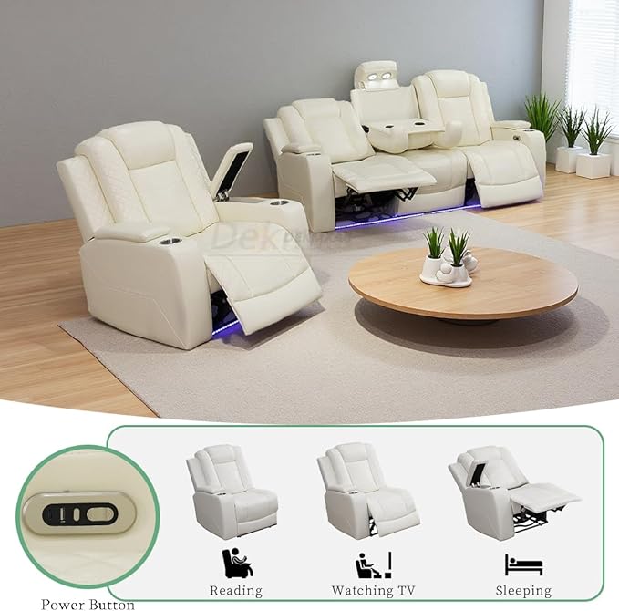 Power Recliner Sofa Set, Creamy White Breathing Leather Reclining Sofa and Chair with Drop-Down Table, Living Room Furniture Sets with Cup Holder/LED Light/USB Port for Living Room, RV Car