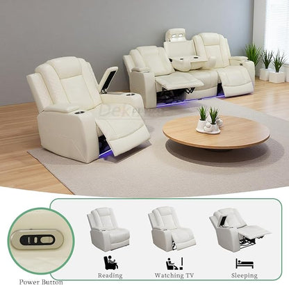 Power Recliner Sofa Set, Creamy White Breathing Leather Reclining Sofa and Chair with Drop-Down Table, Living Room Furniture Sets with Cup Holder/LED Light/USB Port for Living Room, RV Car