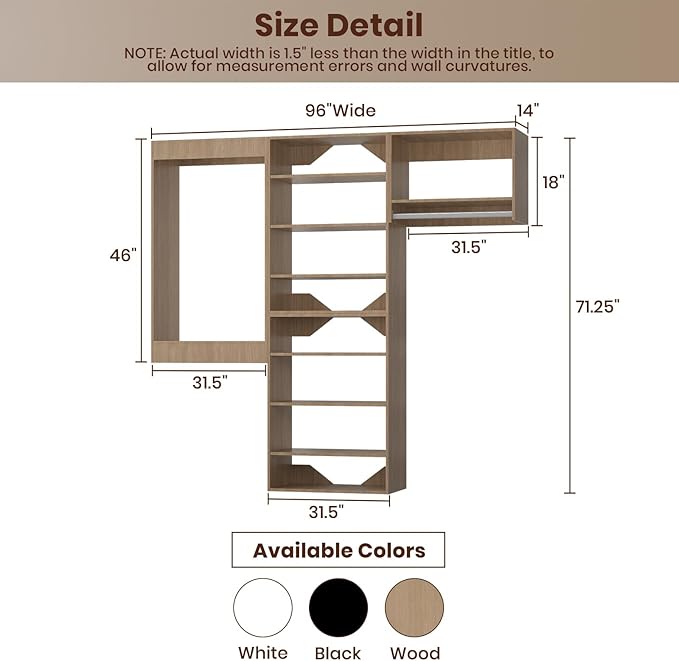ROOMTEC Modular Closet System, 96" Wall-Mounted Closet Organizer with Hanging Rods, Modern Wooden Tower for Walk-In Closets, Wardrobe Storage Kit, Wood
