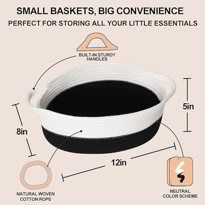 Woven Cotton Rope Gift Basket, Small Baskets for Gifts Empty, Cute Baby Nursery Basket, Pet Toy Storage Bin for Dog Cat, Decorative Wicker Home Organizer with Handles, 12"x 8"x 5", Black