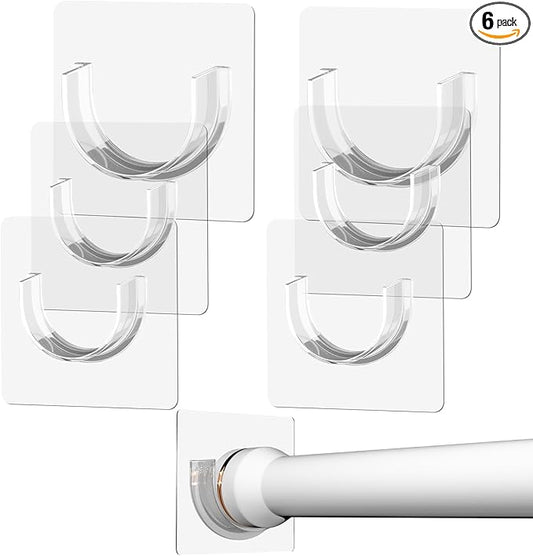 6 Pack Shower Rod Holders No Drilling, Adhesive Curtain Rod Brackets for Wall, Strong Tension Rod Holder Up to 30 lbs, Waterproof for Tile Marble Painted, Apartments Dorms (Rod Not Included)