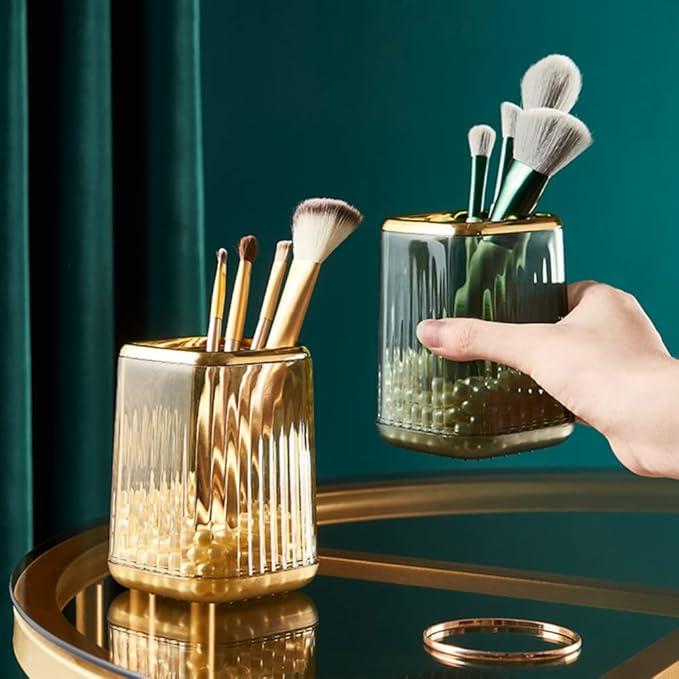 Makeup Brush Holder Organizer for Vanity, Acrylic Gold Make Up Brushes Holders Container Storage Cup with Striped Design for Bathroom Countertop, Pen Pencil Holder Cosmetic Cup for Desk