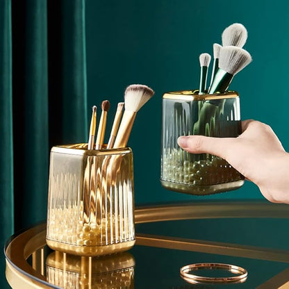 Makeup Brush Holder Organizer for Vanity, Acrylic Gold Make Up Brushes Holders Container Storage Cup with Striped Design for Bathroom Countertop, Pen Pencil Holder Cosmetic Cup for Desk