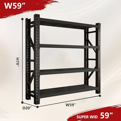 5000lbs Garage Shelving Heavy Duty, 4-Tier Metal Adjustable Garage Shelves, Storage Shelves for Warehouse, Pantry, Basement, 59" W X 20" D X 79" H (Black, 59x20x79)
