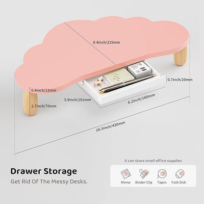 Monitor Stand Riser,Cloud-Shaped Sturdy Wood 16.5In Computer Monitor Riser Wirh Drawer, Multi-Purpose Desktop Organizer Riser for Computer,Laptop,Printer,TV,Pink