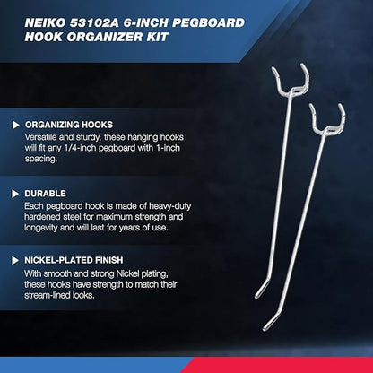 Neiko 53102A 6” Pegboard Hook Organizer Kit, 50 Pack, Hanging Hooks Set for Garage Organization, Great for Wall Hanging and Shelving, Tool Storage, Craft Organizing