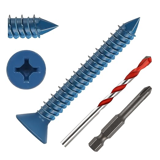 1/4" x 1-3/4" Concrete Screws, 100 PCS Blue Flat Head Concrete Screws Anchor Kit for Masonry, Cement, Block, Brick or Stucco