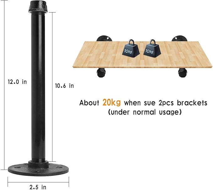 1/2" Industrial Black Iron Pipe Shelf Brackets, Rustic Wall Mounted DIY Shelving Bracket Hanging Custom Pipe Brackets for Floating Shelves (12 Inch, Piece, 4.0)