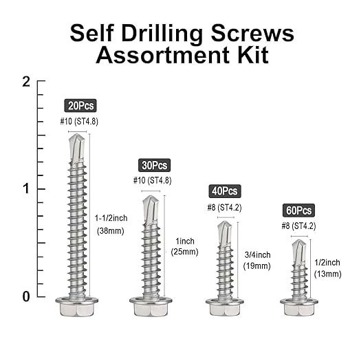 150Pcs Self Drilling Screws Assortment Kit, 410 Stainless Steel Self Tapping Sheet Metal Screws, #8 1/2" 3/4" #10 1" 1-1/2", Hex Washer Head
