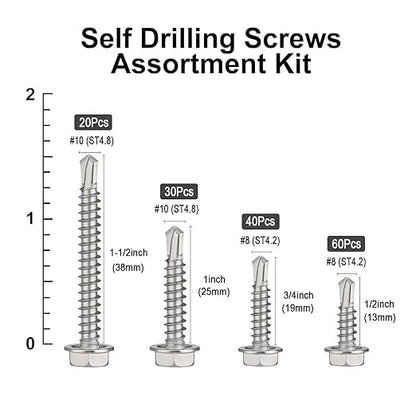 150Pcs Self Drilling Screws Assortment Kit, 410 Stainless Steel Self Tapping Sheet Metal Screws, #8 1/2" 3/4" #10 1" 1-1/2", Hex Washer Head