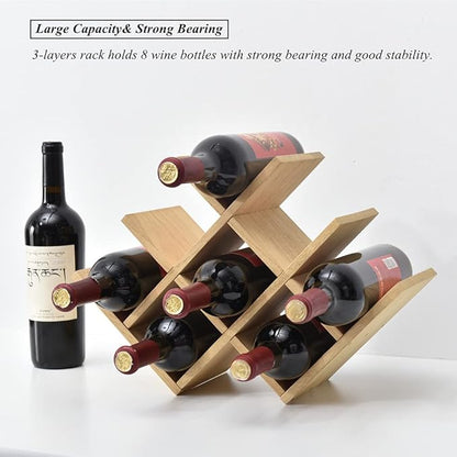 KIRIGEN Wooden 8-Bottle Wine Rack - 3-Tier Wood Wine Display Rack/Standing and Countertop Wine Storage Shelf - Bottle Holder/Cabinet Glass Rack Natural XHJJ3-NA