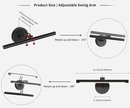 Hardwired Picture Light - Dimmable Adjustable Swing Arm Black Wall Lights for Pictures - 15.75 Inch Long LED Display Light for Artwork - 7W 3000K