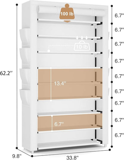 Shoe Rack with Cover, 10 Tier Shoe Organizer Storage for 40-50 Pairs Sneaker and Boots, Large Capacity, with 8 Pockets, Free Standing Tall Shoe Rack for Front Door Entrance, Closet, White
