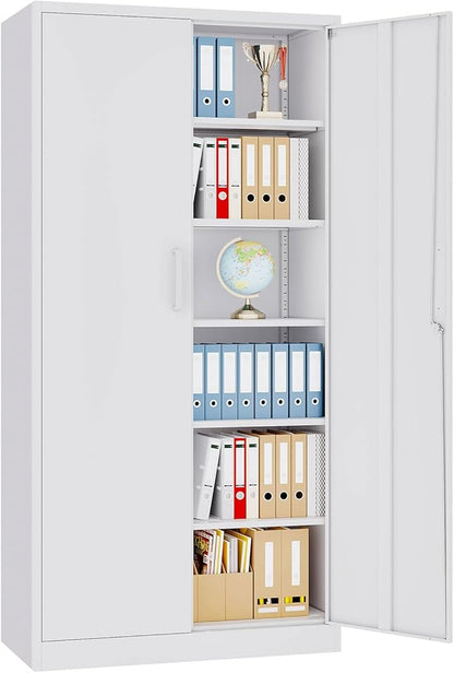 Metal Storage Cabinet with Lock,Tall White File Cabinet with 2 Doors and 5 Adjustable Shelves,Steel Storage Cabinets for Garage,Home Office,Pantry,School,Hospital