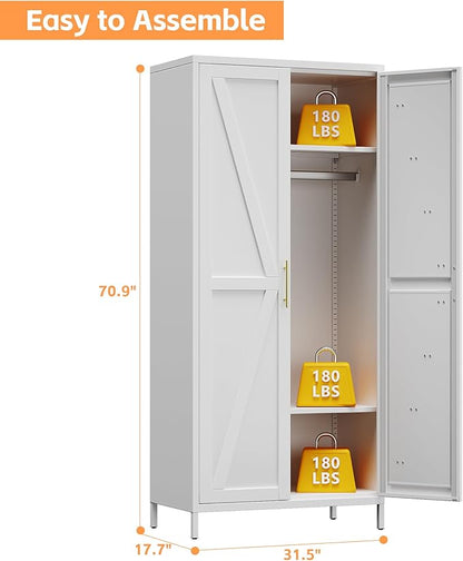 Aobabo 2 Door Metal Wardrobe Cabinet with Hanging Rod, Metal Wardrobe Closet with 2 Adjustable Shelves, Storage Lockers for Home,Office,Installation Required, White