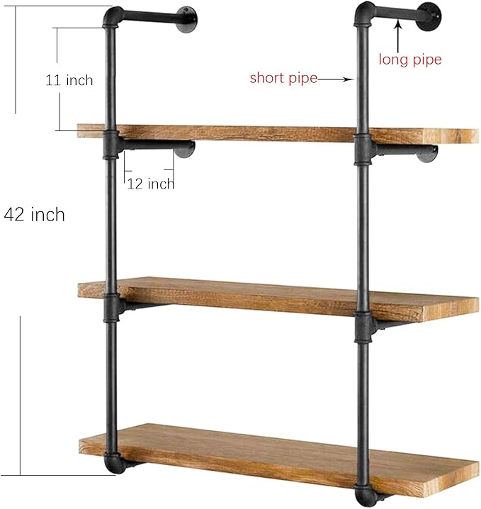 Yuanshikj 2Pc (42" Tall,12" deep) Industrial Wall Mount Iron Pipe Shelf Shelves Shelving Bracket Black Bookshelf DIY Storage offcie Room Kitchen (2 Pcs 4Tier Hardware Only)