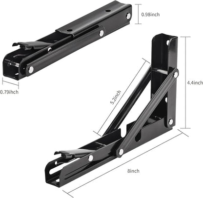 YUMORE Folding Shelf Brackets, 8 Inch Heavy Duty Collapsible Shelf Bracket, Black DIY L Bracket for Workbench Folding Table Hinge, Max Load: 300lb, 2 Pack