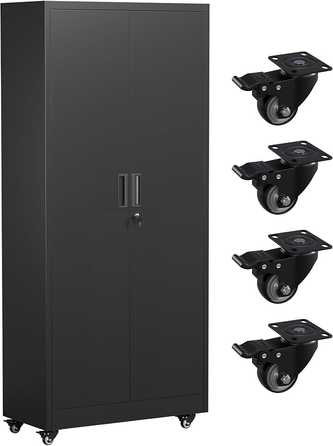 Greenvelly 73" Rolling Storage Cabinet,Black Metal Garage Cabinet with Locking Doors and 4 Adjustable Shelves for Home,Kitchen,Office,Warehouse(32" W x 16" D,Wheels)