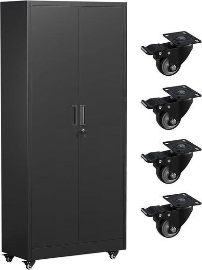 Greenvelly 73" Rolling Storage Cabinet,Black Metal Garage Cabinet with Locking Doors and 4 Adjustable Shelves for Home,Kitchen,Office,Warehouse(32" W x 16" D,Wheels)
