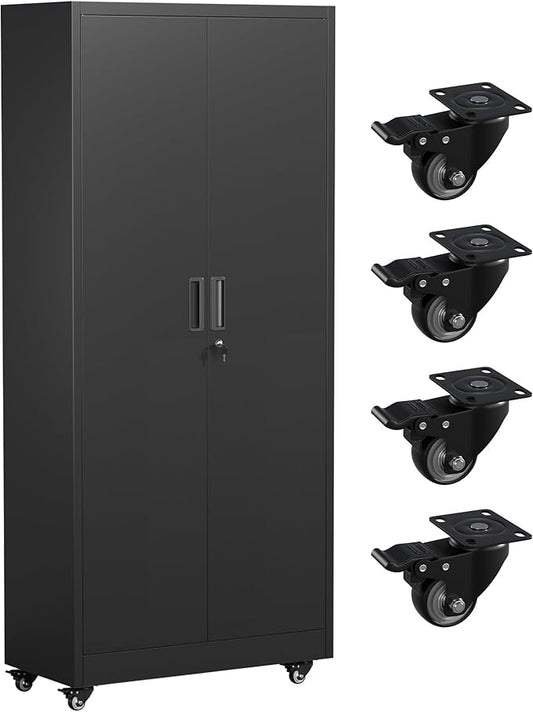 Greenvelly 73" Rolling Storage Cabinet,Black Metal Garage Cabinet with Locking Doors and 4 Adjustable Shelves for Home,Kitchen,Office,Warehouse(32" W x 16" D,Wheels)