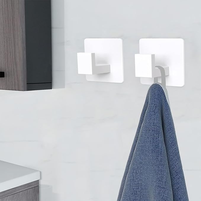 VAEHOLD Wall Towel Hooks, Heavy Duty Sticky Holder Waterproof Towel Hooks for Hanging Coat, Clothes, Closet Hook Wall Mount for Kitchen (White, 2 Pack)