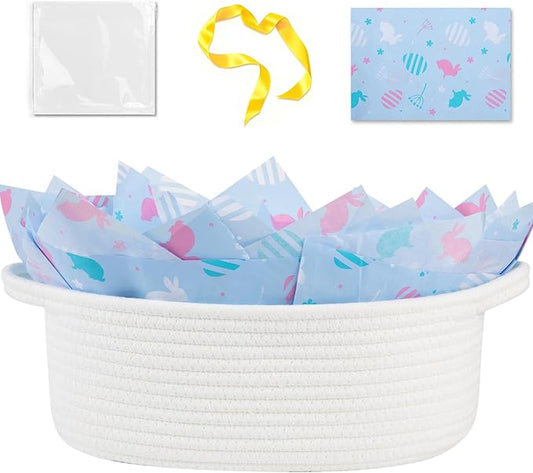 OIAHOMY Gift Basket with Handle, Easter Basket with Gift Bag, Ribbon and Wrap Tissue Paper, Nursery Bins Empty to Fill with Small Items, Baby, Pet Toy Organiser - Easter White