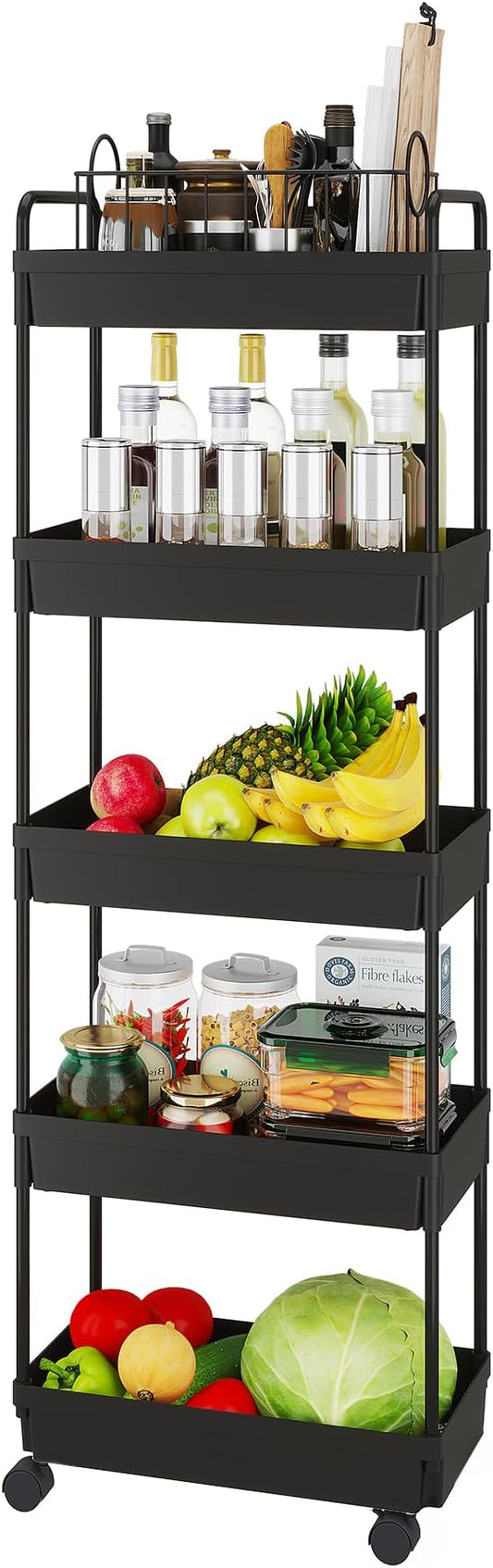 Buzowruil Rolling Storage Cart 5 Tier Organizer Mobile Shelving Unit Storage Rolling Utility Cart with Wheels for Kitchen Bathroom Laundry,Black