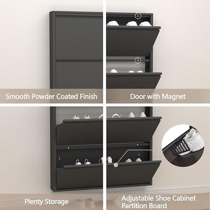 GREATMEET Black Shoe Cabinet Storage for Entryway, Narrow Shoe Cabinet for Entryway Slim, Wall Mounted Metal Hidden Shoe Organizer with 4 Flip Drawers