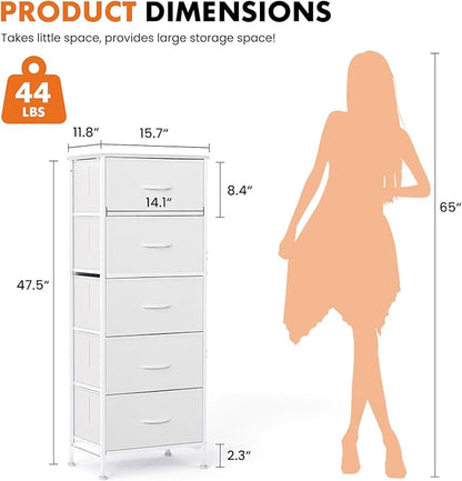 Sweetcrispy 5 Drawer Dresser with Fabric Bins, Sturdy Steel Frame and Wood Top, Storage Organizer Chest for Bedroom, Closet, Hallway, White