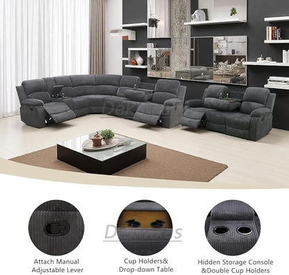 Living Room Furniture Sets, Recliner Sectional Sofa with Cup Holders, Grey Corduroy Reclining Sectional Sofa Set with Drop-Down Table, Storage Console for Living Room, Bedroom, Apartment