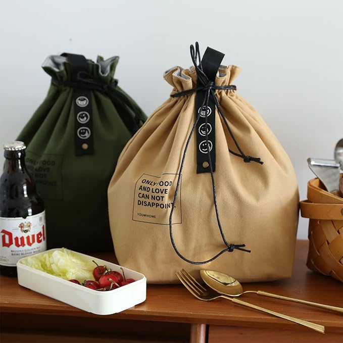 Canvas Drawstring Lunch Bag Insulated Lunch Bento Tote Bag Reusable Lunch Bag with Handle and Drawstring Closure for Women Work Picnic or Travel (COLOR1)