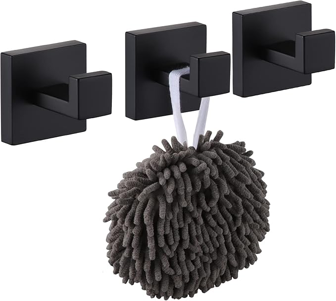 KOKOSIRI Bath Towel Hook Wall Mounted Square Robe Hook Coat Hook Bathroom Kitchen Garage Heavy Duty SUS 304 Stainless Steel 3 Pack Matte Black B1010BK-P3