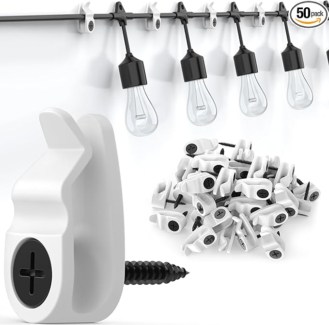 Hooks for Outdoor String Lights Clips, Christmas Light Clips Weatherproof, Lights Hanger Hooks for Hanging Christmas Light, Fairy Light, Cable, Holiday Decor - White, 50 Pack