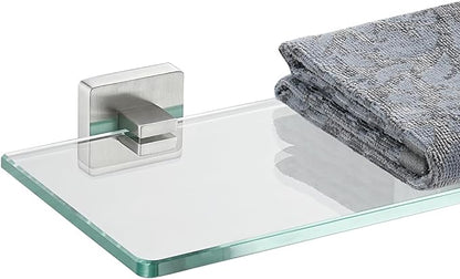 JQK Bathroom Glass Shelf, Floating Tempered Glass Shower Storage 16 by 5 inches, 304 Stainless Steel Brushed Finish Wall Mount, TGS201L16-BN