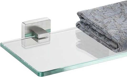 JQK Bathroom Glass Shelf, Floating Tempered Glass Shower Storage 16 by 5 inches, 304 Stainless Steel Brushed Finish Wall Mount, TGS201L16-BN