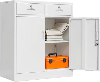 BESFUR Metal Garage Storage Cabinet with Two Lockable Drawers 2 Locking Doors and an Adjustable Shelf, 36" White Metal Short Storage Cabinet for Home Office, Garage,School,Utility Room