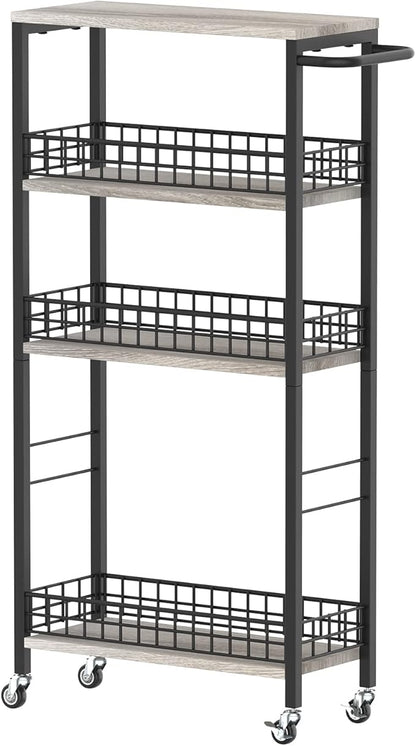 4 Tier Slim Storage Cart Narrow Laundry Cart on Wheels Utility Kitchen Rolling Cart with Wood Tabletop Mobile Shelving Unit Bathroom Storage Organizer Slide Out Rolling Tower for Narrow Spaces