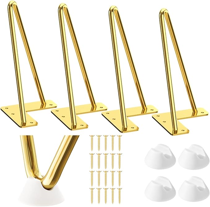 SMARTSTANDARD 8 Inch Hairpin Furniture Legs, 3/8'' Rods Metal Home DIY Projects for Nightstand, Coffee Table, Bed with Rubber Floor Protectors, Gold Set of 4PCS