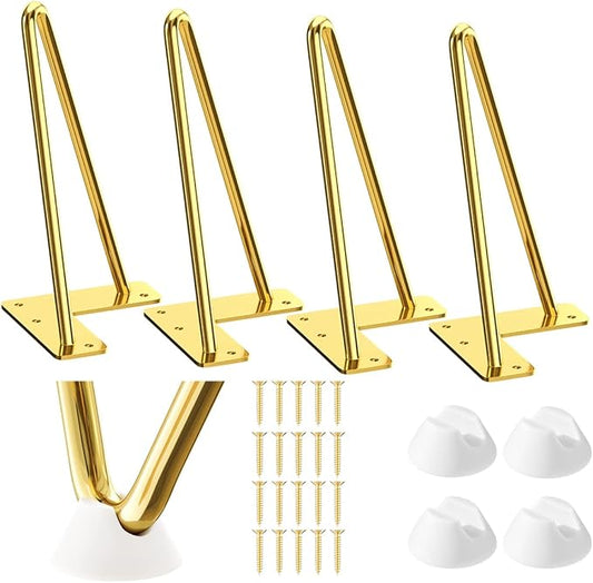 SMARTSTANDARD 8 Inch Hairpin Furniture Legs, 3/8'' Rods Metal Home DIY Projects for Nightstand, Coffee Table, Bed with Rubber Floor Protectors, Gold Set of 4PCS